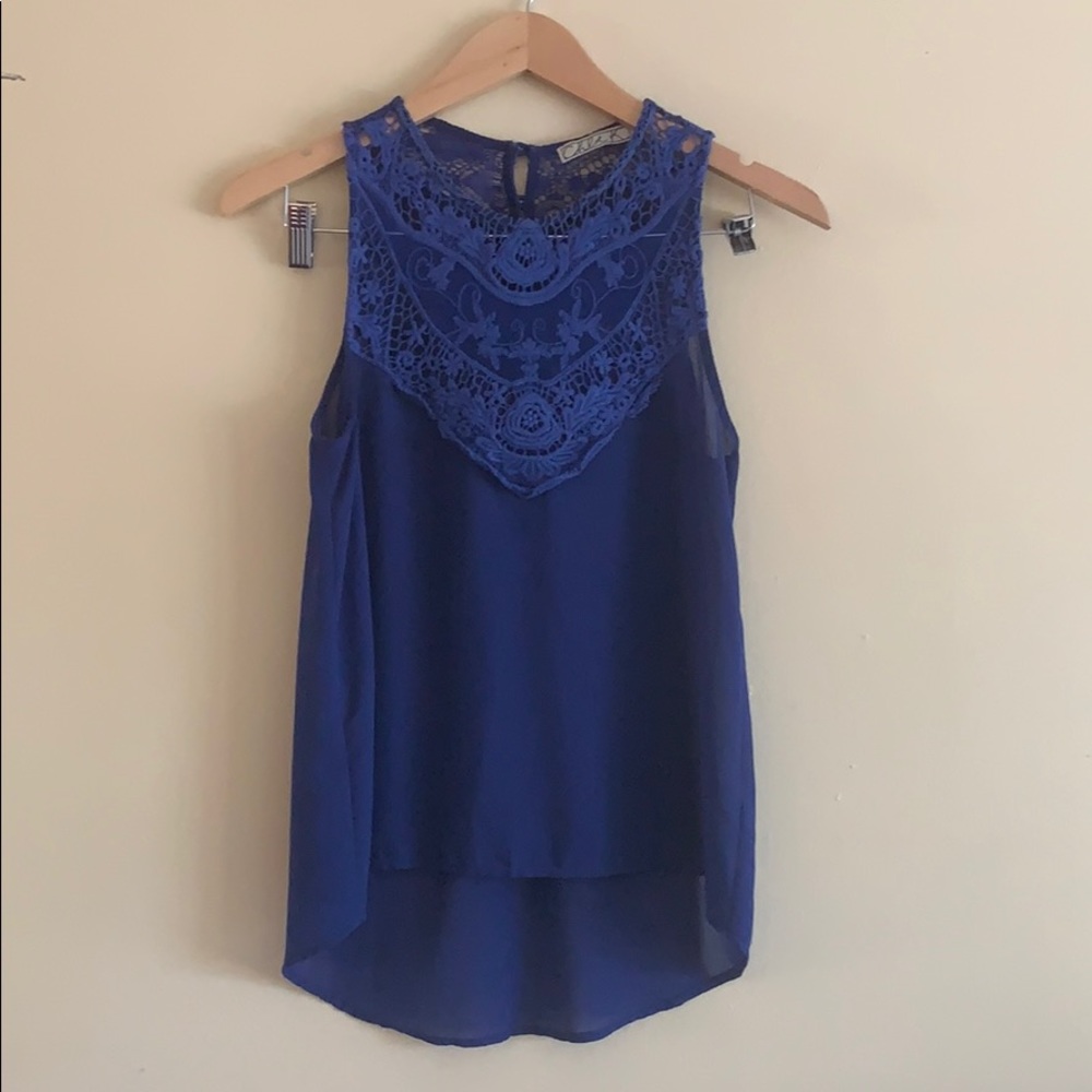 Chloe K Embroidered Blue Sheer Tank Top